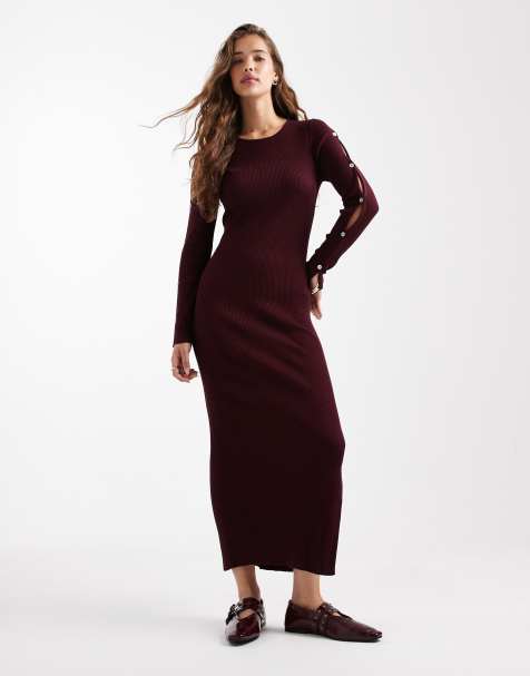 Mango Teen knitted maxi dress with sleeve button detail in burgundy 