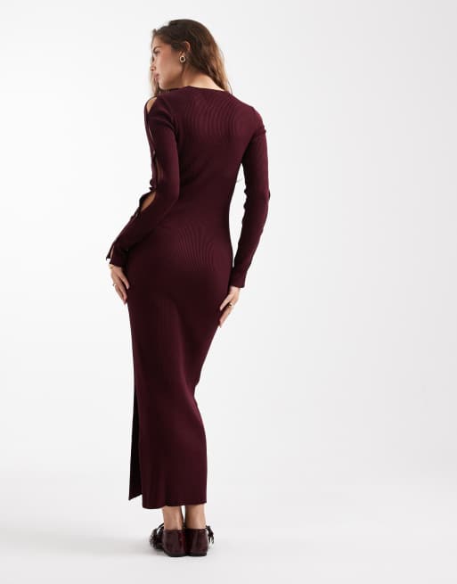 Mango Teen knitted maxi dress with sleeve button detail in burgundy , 4 of 4