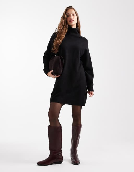 Mango Teen knitted mini dress with roll neck in black , 2 of 4