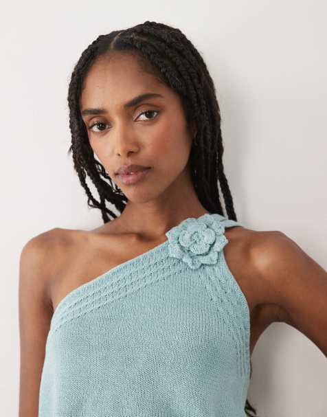 Mango Teen knitted one shoulder top with rosette in pastel blue - view 1