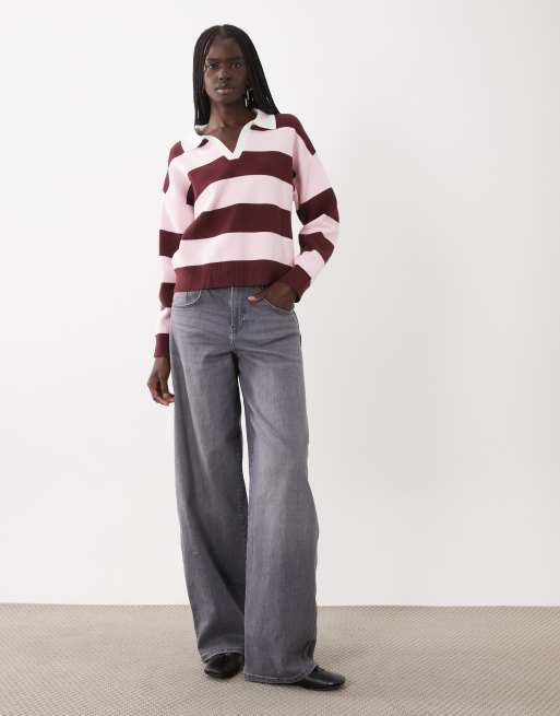 Mango Teen knitted rugby top in pink and burgundy stripe print, 2 of 4