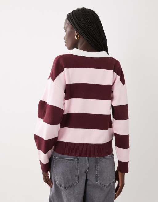 Mango Teen knitted rugby top in pink and burgundy stripe print, 4 of 4