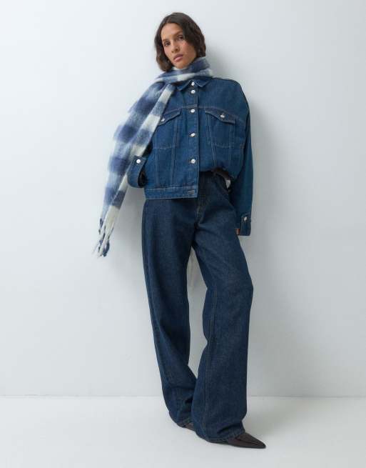 Mango Teen knitted scarf in blue and white check print, 2 of 5