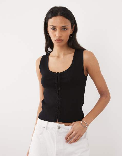 Mango Teen knitted scoop neck sleeveless top with tie front in black - view 1