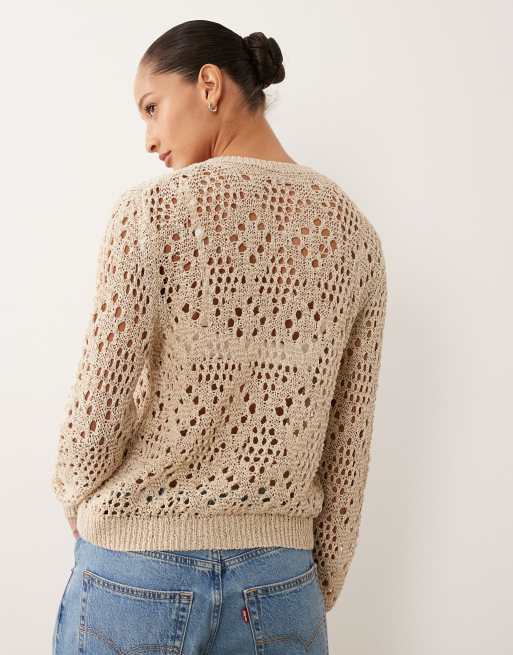 Mango Teen knitted scoop neck sleeveless top with tie front in cream, 4 of 4