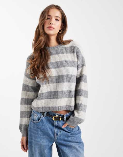 Mango Teen knitted stripe jumper in grey - view 1