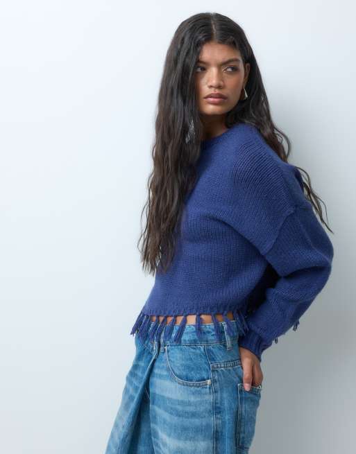 Mango Teen knitted sweater with fringe in cobalt blue, 5 of 5