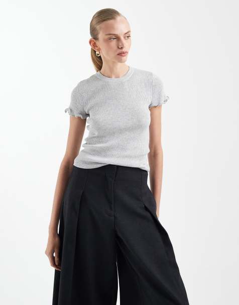 Mango Teen knitted t-shirt with frill sleeve in light grey - view 1