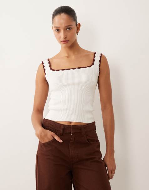 Mango Teen knitted tank top with contrast trim in cream