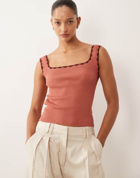 Mango Teen knitted tank top with contrast trim in pink