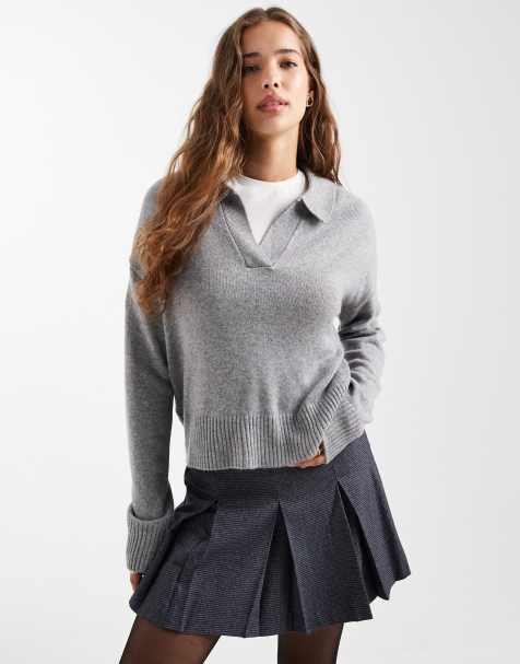 Mango Teen knitted v neck jumper in grey 