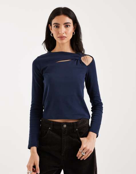 Mango Teen knot detail long sleeve top in navy - view 1