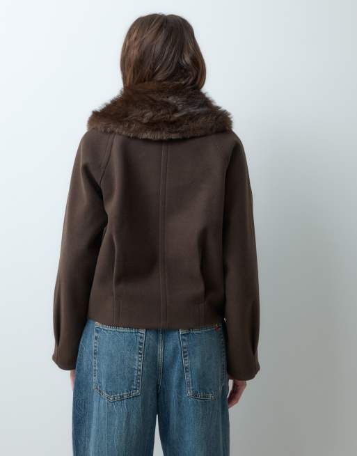 Mango Teen kort jack met faux-furkraag in chocoladebruin, 4 van 5