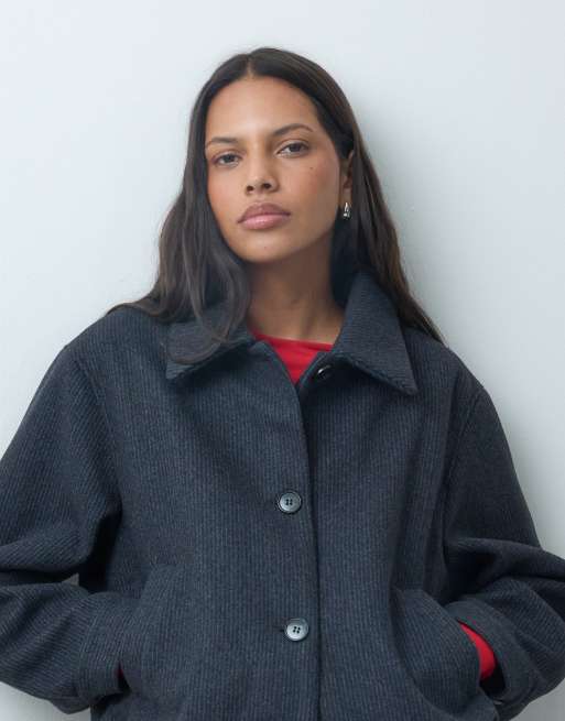 Mango Teen kort jasje met bubbelzoom en knoopsluiting in marineblauwe streep, 3 van 4