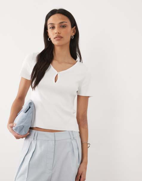 Mango – Teen – Kurzärmliges Strickoberteil in Weiß mit Knopfdetail - view 1
