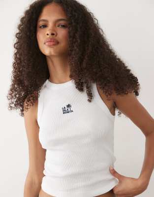 Mango Teen La Isla Bonita 100% Cotton Racer Neck Tank Top In White