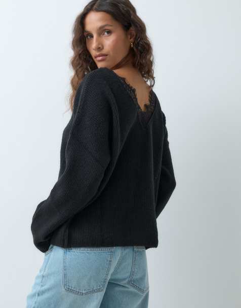 Mango Teen lace back knitted jumper in black - view 1