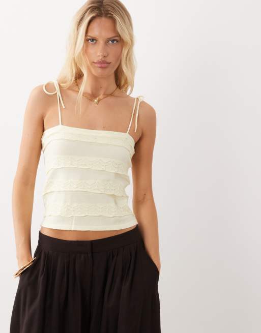 Mango Teen lace detail strappy cami top in pastel yellow, 3 of 4