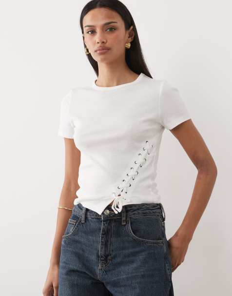 Mango Teen lace up detail baby tee in white - view 1