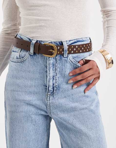 Mango Teen leather look studded belt in brown - view 1