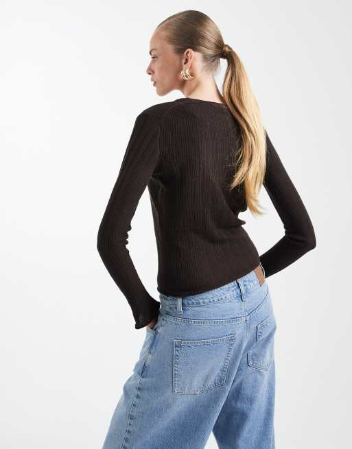 Mango Teen lightweight knitted top with flared sleeves in brown, 4 of 4