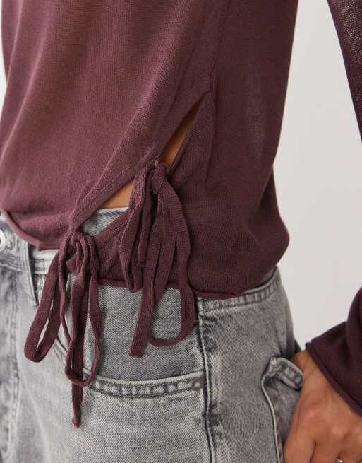 Mango Teen lightweight knitted top with tie detail in burgundy, 3 of 4