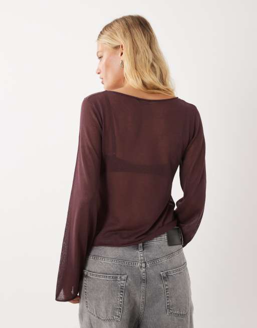 Mango Teen lightweight knitted top with tie detail in plum, 4 of 4