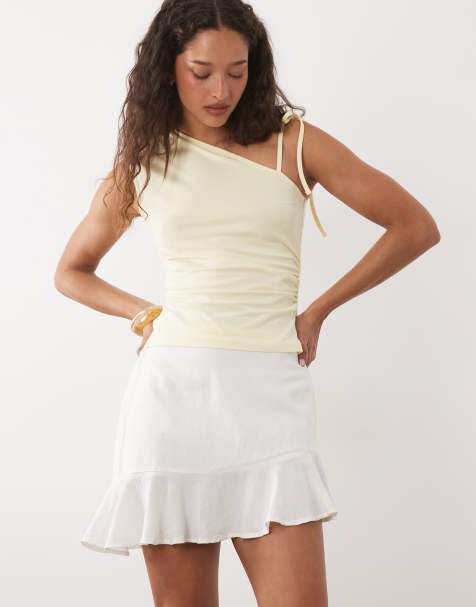 Mango Teen linen mix asymmetric hem mini skirt in white - view 1