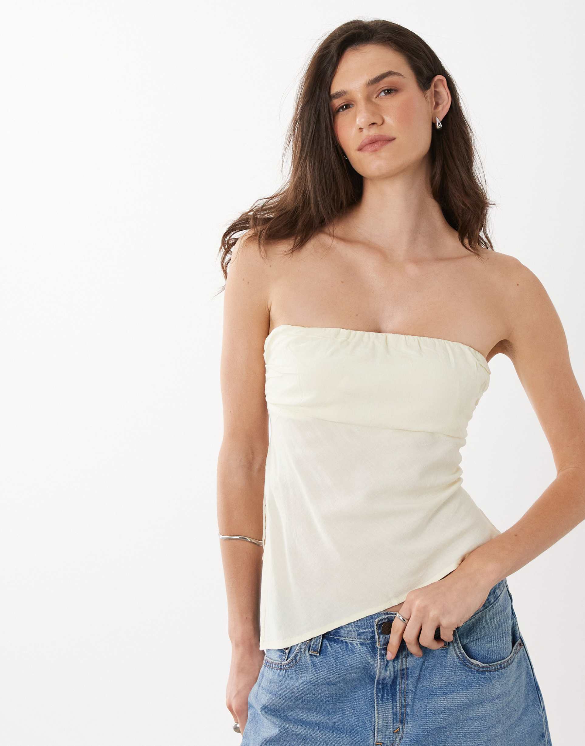 mango teen linen mix strapless asymmetric hem top in butter yellow