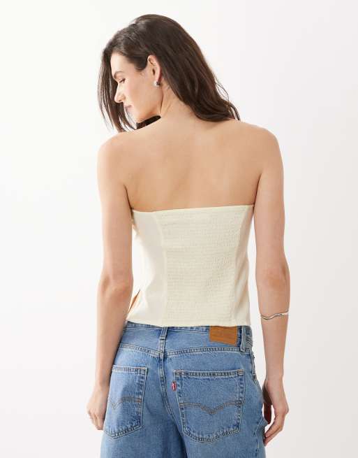 Mango Teen linen mix strapless asymmetric hem top in butter yellow, 4 of 4