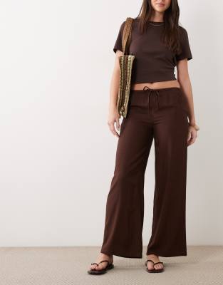 Mango Teen linen mix tie waist straight leg pants in brown