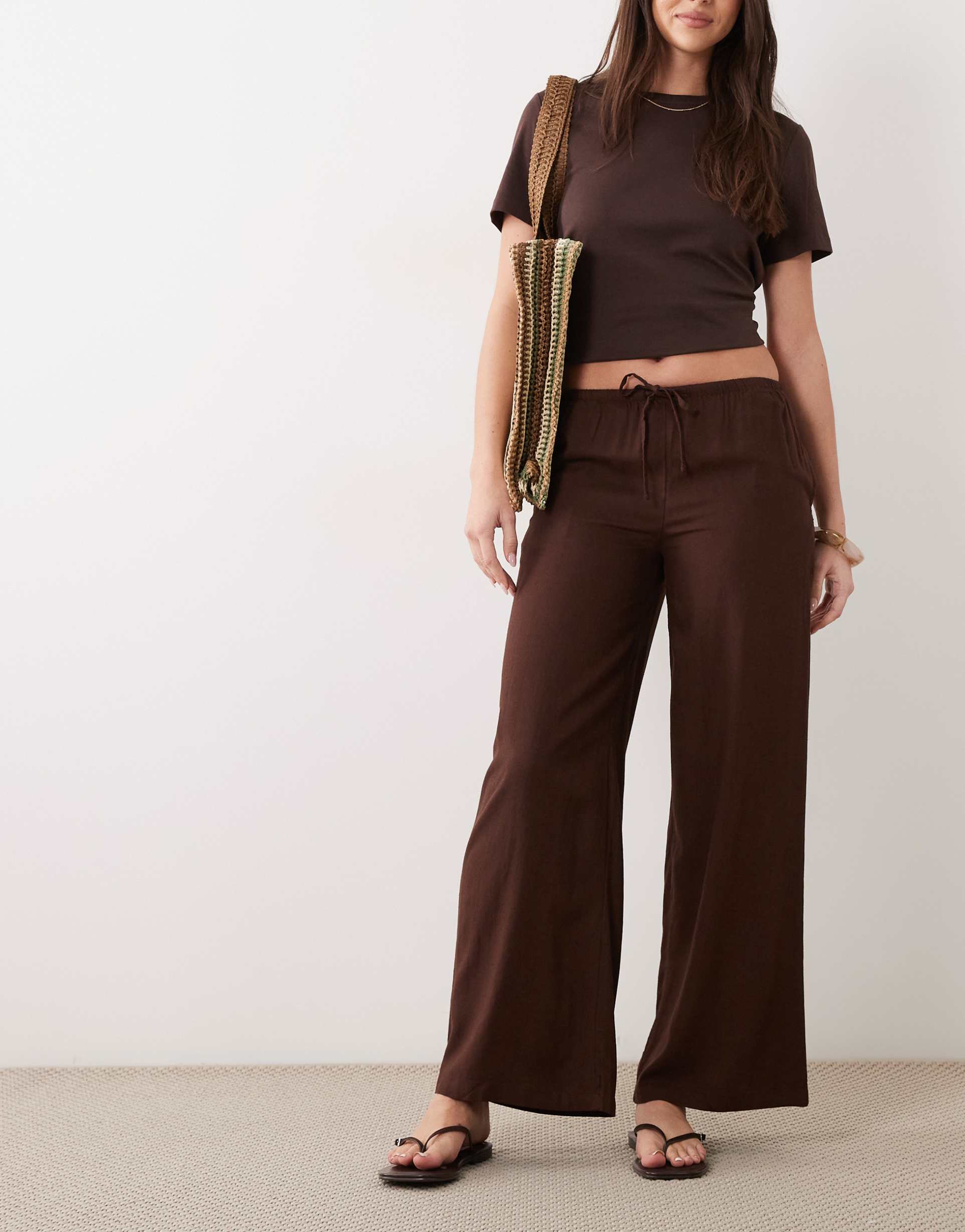 mango teen linen mix tie waist straight leg pants in brown
