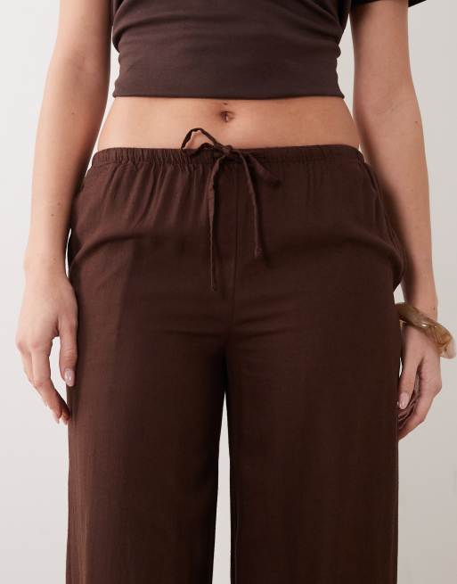 Mango Teen linen mix tie waist straight leg pants in brown, 4 of 5