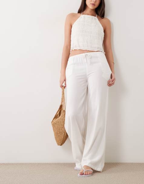 Mango Teen linen mix tie waist straight leg pants in white - view 1