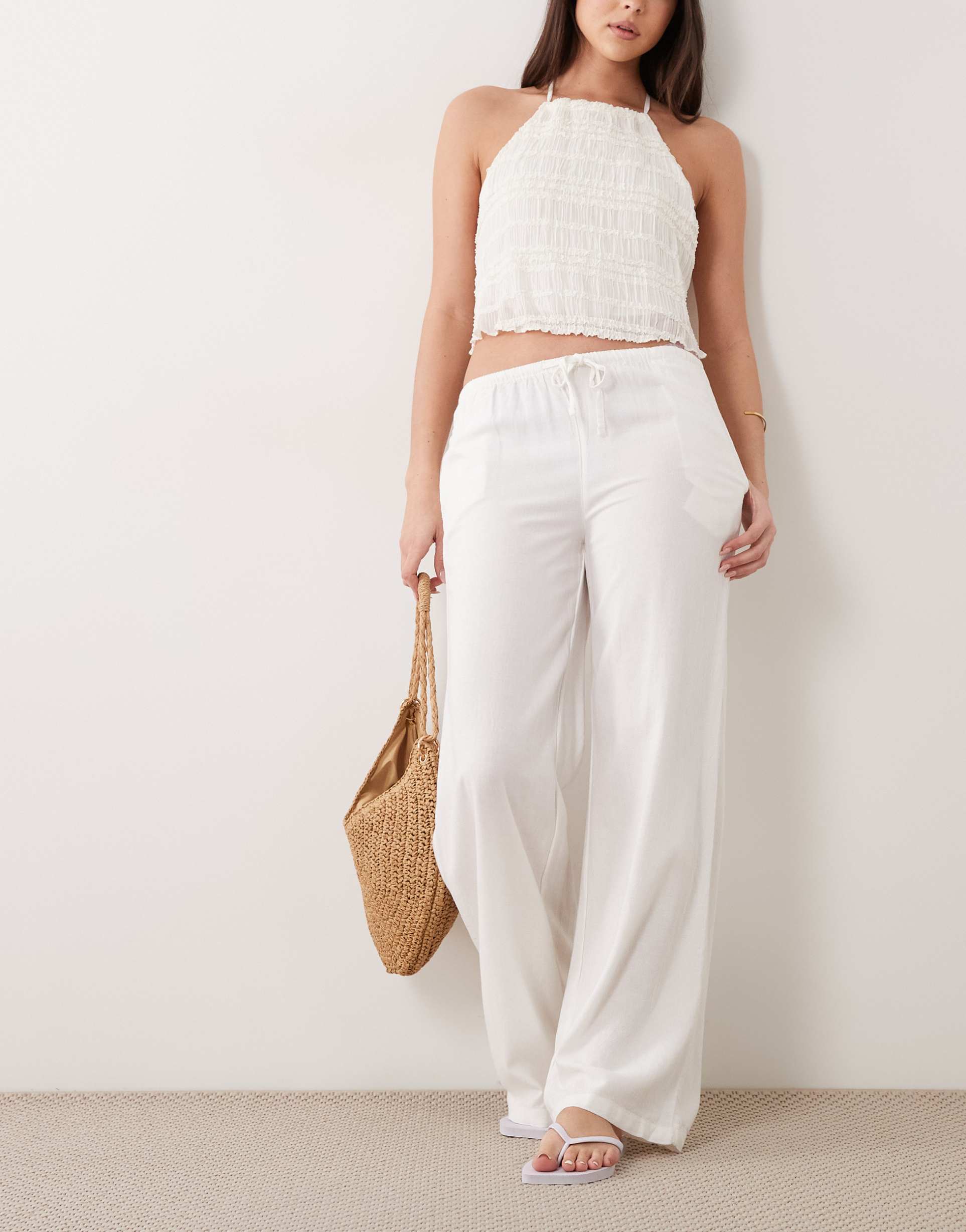mango teen linen mix tie waist straight leg pants in white