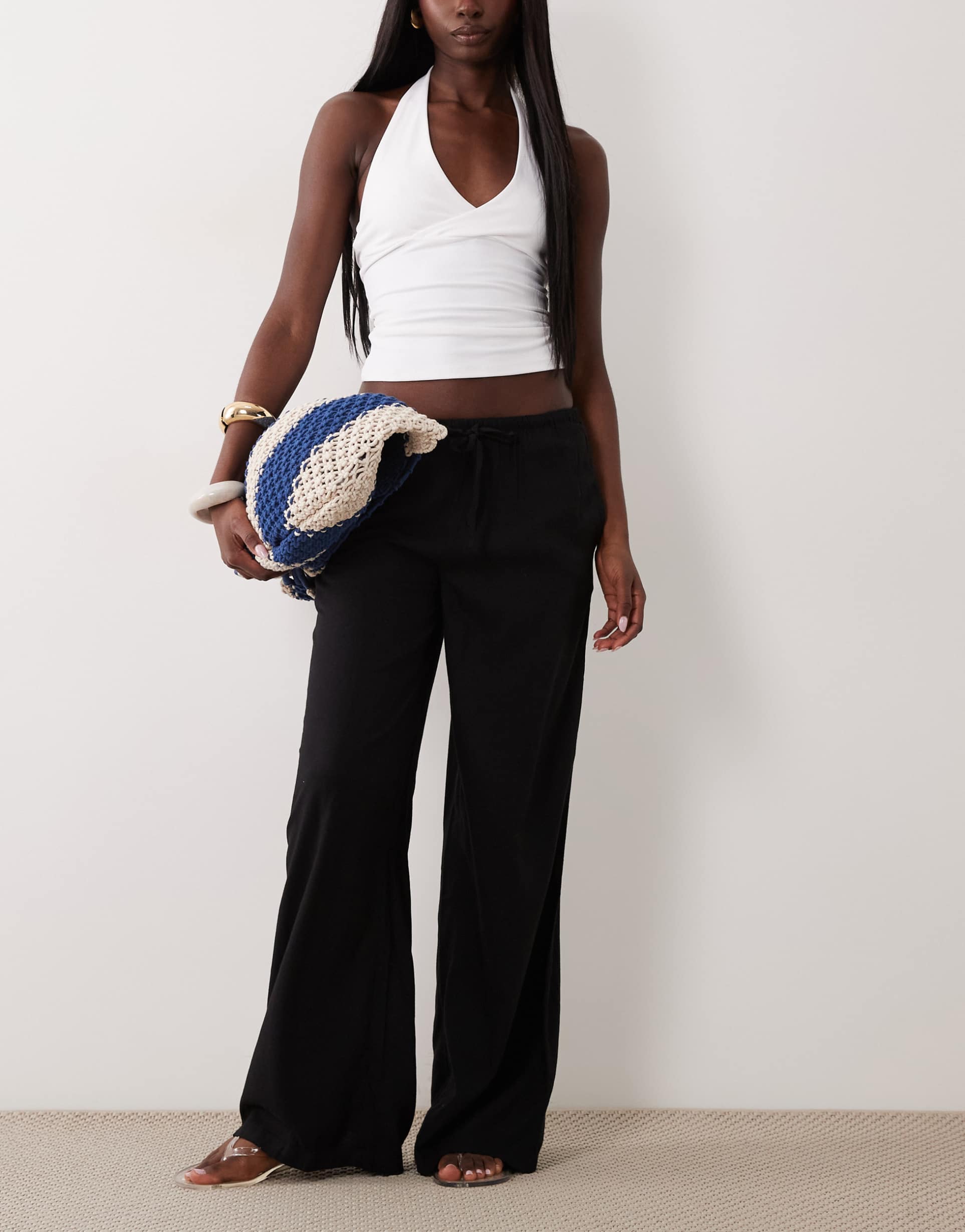 mango teen linen mix tie waist straight pants in black