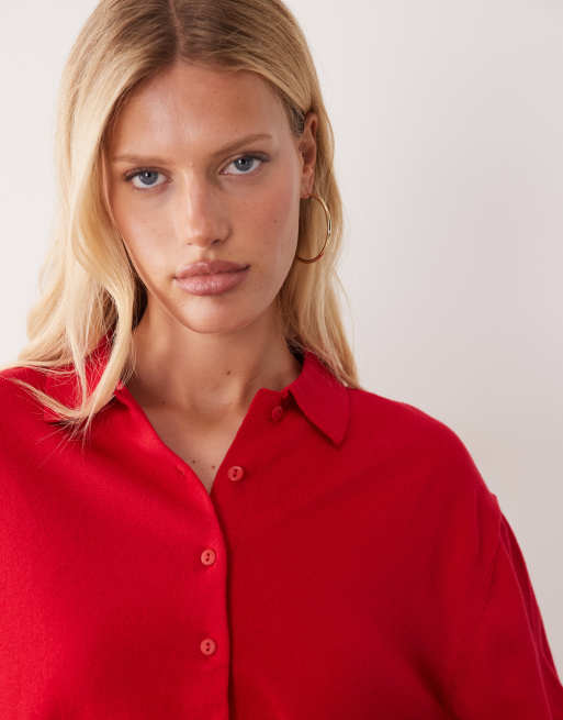 Mango Teen long sleeve knitted polo cardigan in red, 3 of 4