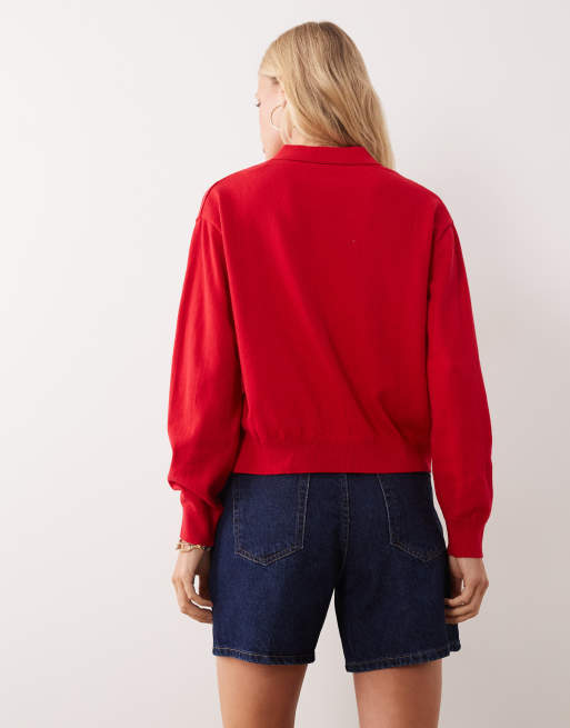 Mango Teen long sleeve knitted polo cardigan in red, 4 of 4