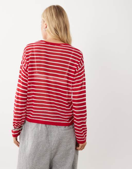 Mango Teen long sleeve light knitted top in red stripe, 4 of 4