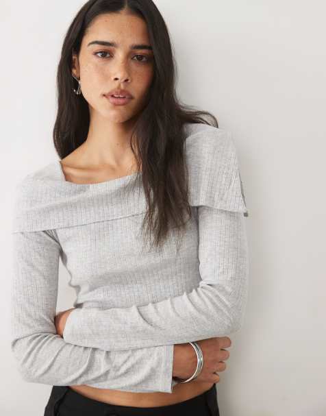 Mango Teen long sleeve off the shoulder top in gray stripes - view 1