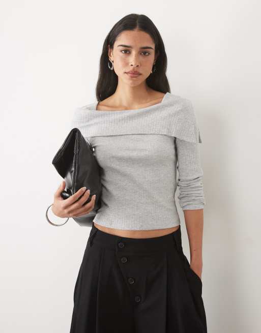 Mango Teen long sleeve off the shoulder top in gray stripes, 3 of 4