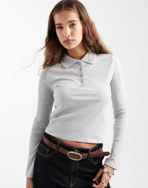 Mango Teen long sleeve polo top in grey  - view 1