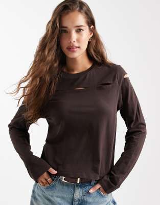 Mango Teen Long Sleeve Top With Slash Detail In Brown