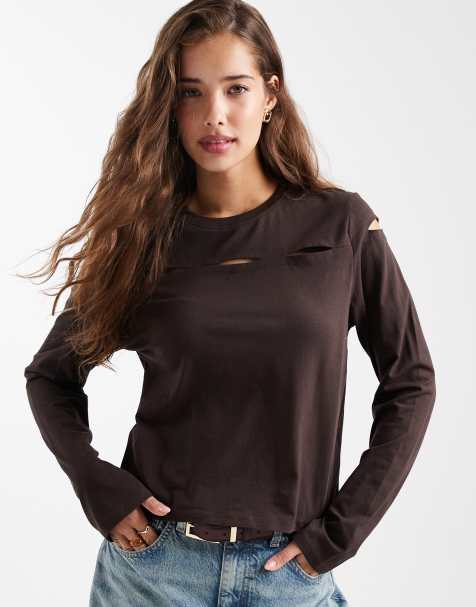 Mango Teen long sleeve top with slash detail in brown - view 1