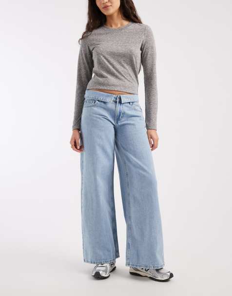 Mango Teen low rise fold over wide leg jean in light blue
