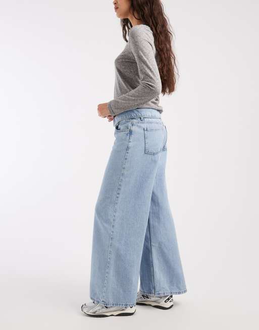 Mango Teen low rise fold over wide leg jean in light blue, 2 of 5