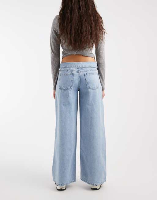 Mango Teen low rise fold over wide leg jean in light blue, 3 of 5