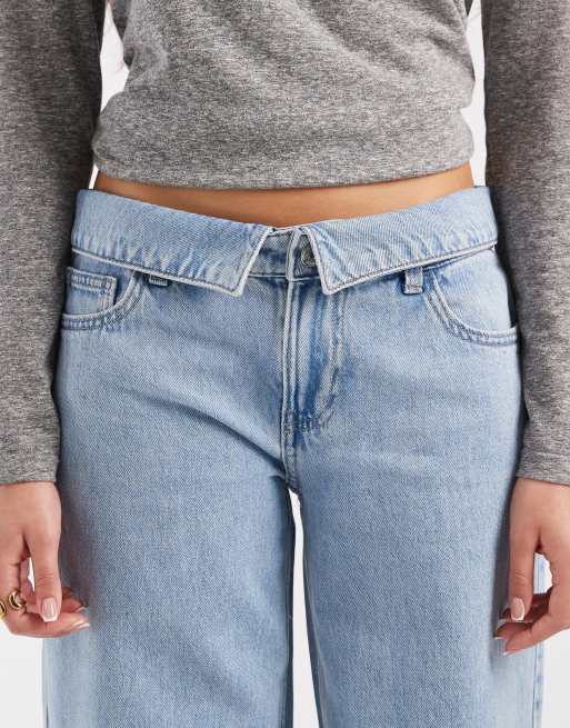 Mango Teen low rise fold over wide leg jean in light blue, 4 of 5