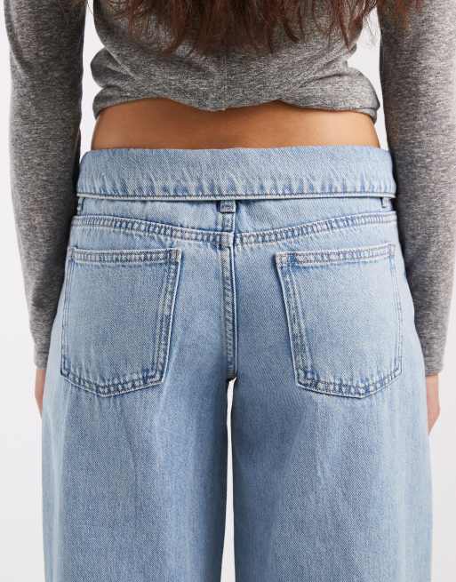 Mango Teen low rise fold over wide leg jean in light blue, 5 of 5