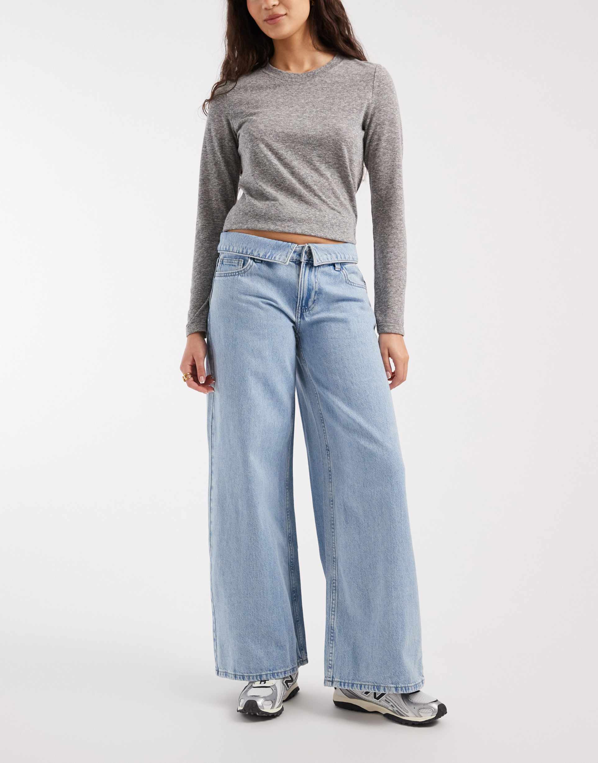 mango teen low rise fold over wide leg jeans in light blue